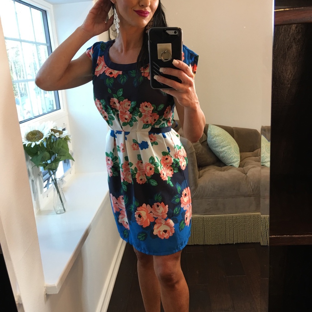 Just Ginger navy coral floral midi dress w pockets - Picture 3 of 8